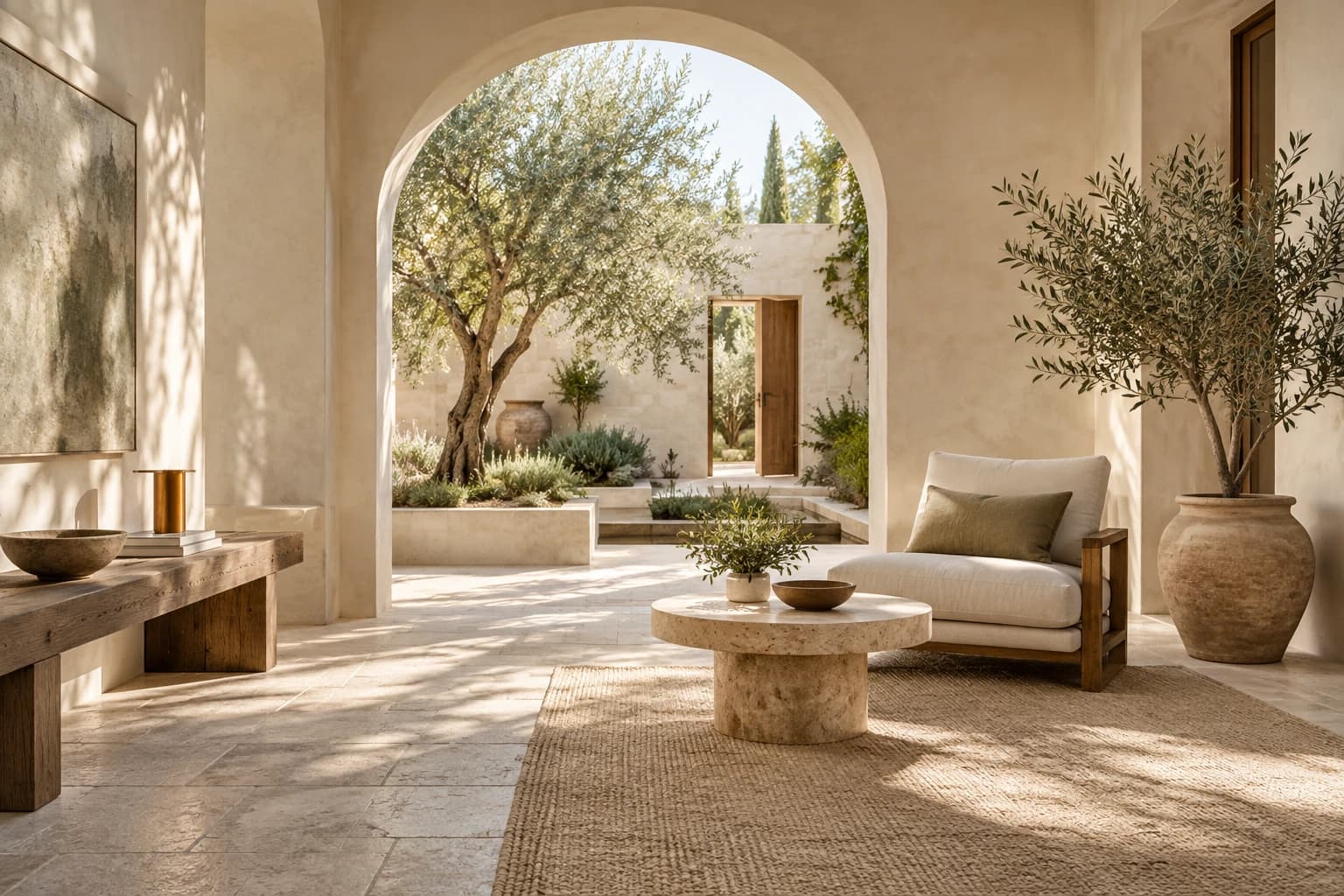 Independent illustrated interior concept — Quiet Courtyard